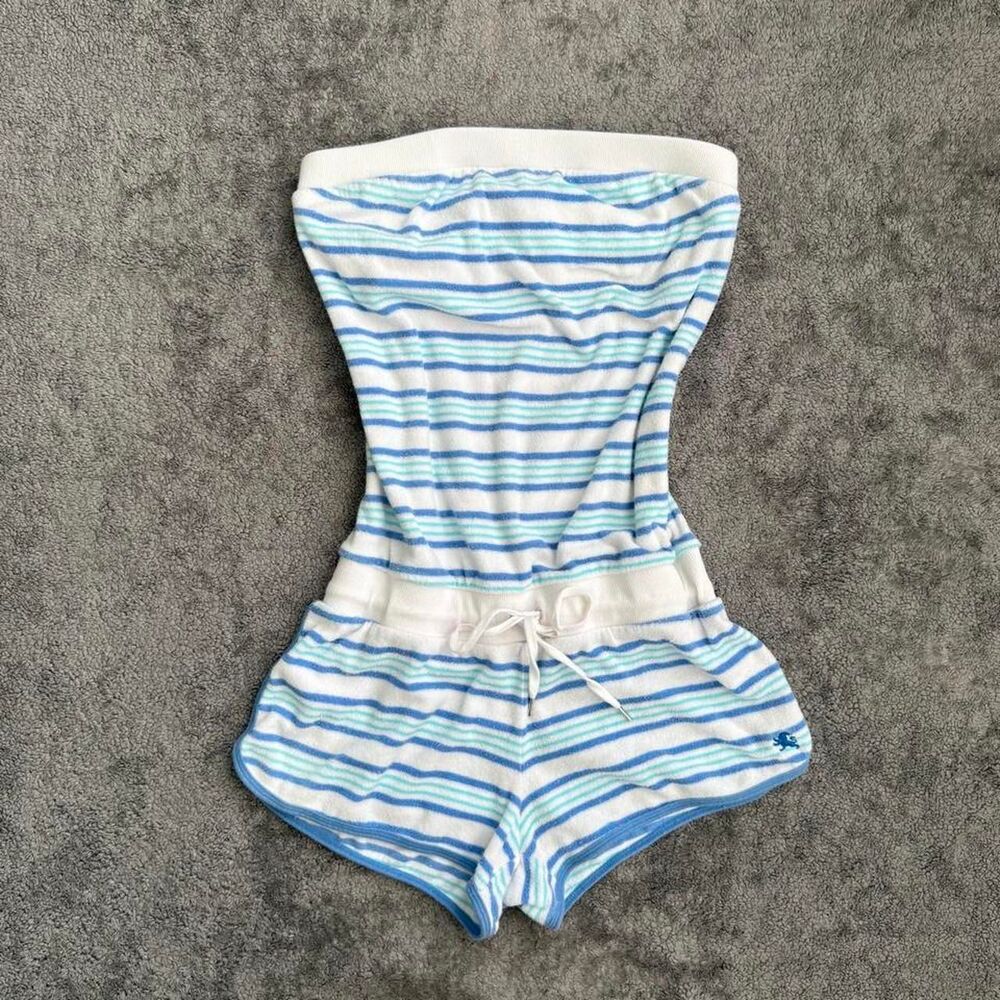 express Blue and white striped tube top romper